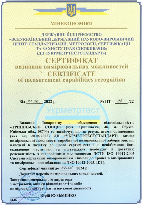 Сертифікат визнання вимірювальних можливостей лабораторії